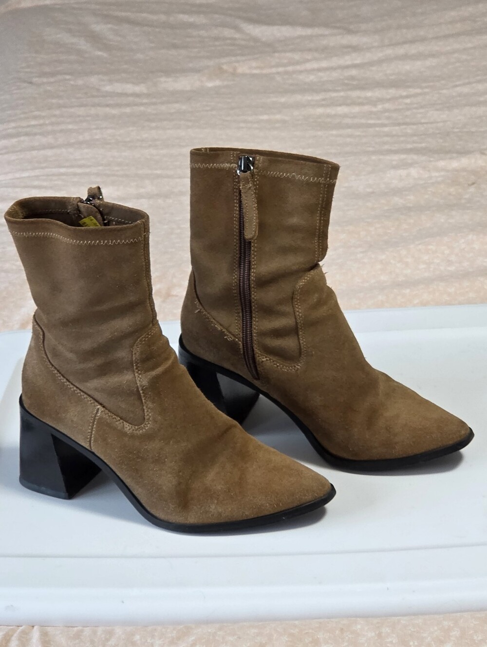 Zara Tan👢Suede Pointed Toe Retro Block Heel Ankle Sock Boots Sz 37/6.5-7